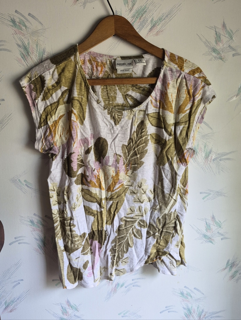 Rachel Zoe Linen Tropical Tee Short Sleeve White Green Medium